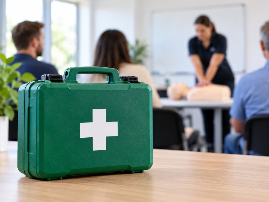 Green first aid kit in a first aid training room
