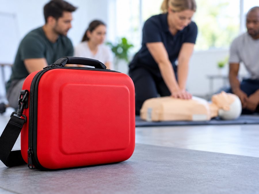 First aid training session with emergency equipment
